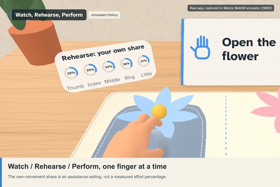 Actual app: a mirror hand above a felt cloth, with a separate own-movement setting for each finger.